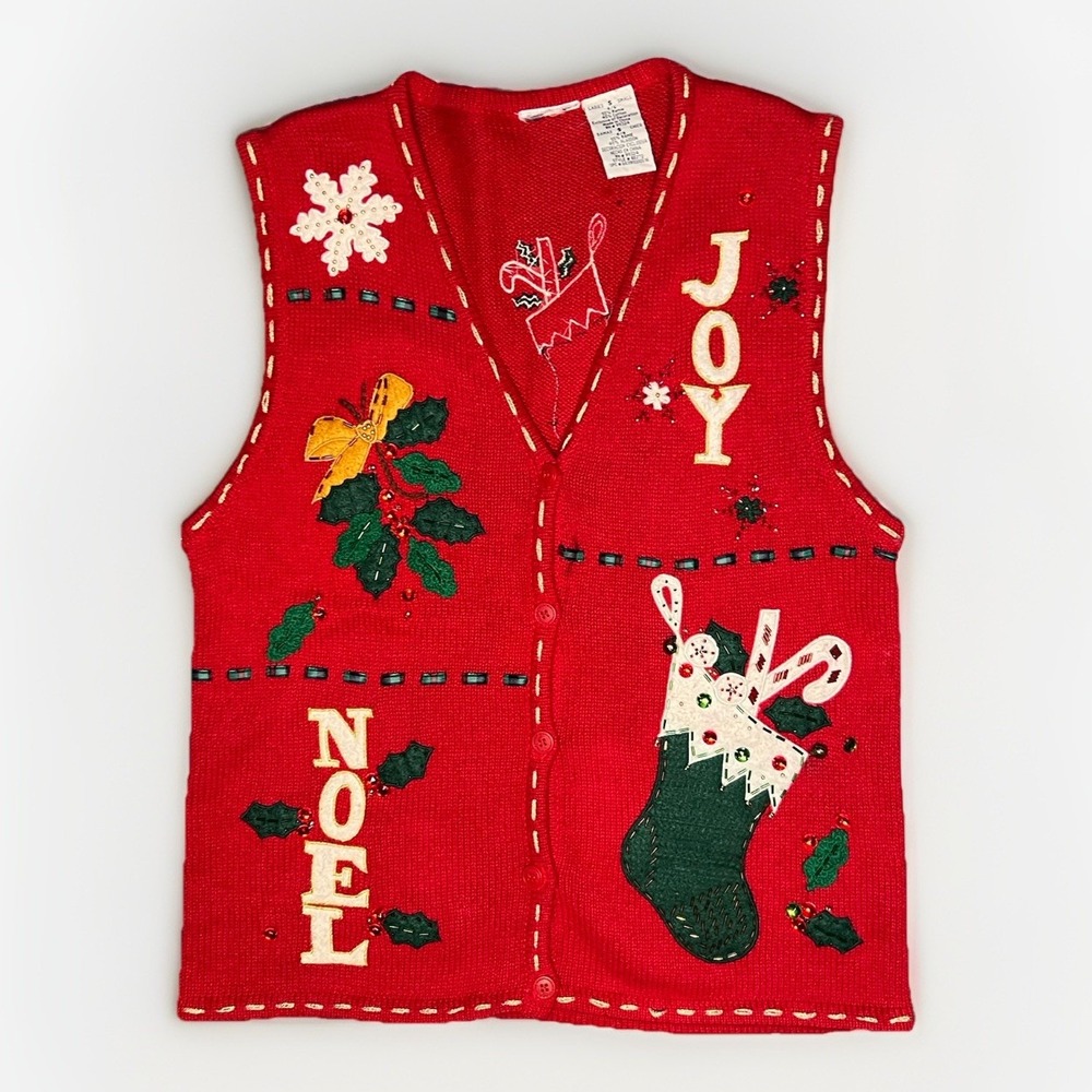 Vintage Bobbie Brooks Christmas Sweater Vest Ladies S Red Stocking Noel Holiday